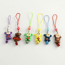 Handmade Polymer Clay Animal Mobile Accessories, with Polyester Straps, Glass Beads and Bell Findings, Mixed Color, 90~118mm