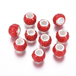 Perle europee smaltate in lega placcata color argento, perline rondelle  con foro grande, rosso, 10x8mm, Foro: 4 mm