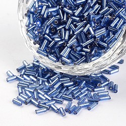 Tubo de plata forrado con-orificios redondos cuentas de cristal, azul aciano, 3~5x1.8~2mm, agujero: 0.8 mm, aproximamente 1200 unidades / 50 g