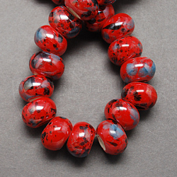 Handgemachte Porzellan europäischen Perlen, Großloch perlen, perlig, Rondell, rot, 12x9 mm, Bohrung: 4 mm
