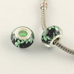 Europäische Perlen aus Harz mit großem Loch und Blumenmuster, mit silberner Farbe Messing Doppelkerne, Rondell, hellgrün, 14x9 mm, Bohrung: 5 mm