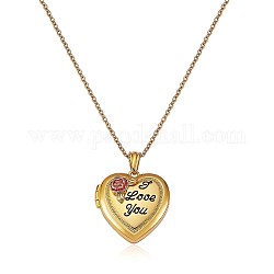 Coeur avec collier pendentif médaillon photo fleur rose, mot je t'aime bijoux commémoratifs en laiton pour femmes, or, 17.72 pouce (45 cm)