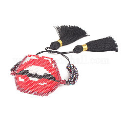 Miyuki Glass Seed Lip Braided Bead Bracelet with Glass Beaded, Double Tassel Adjustable Bracelet for Women, Red, 11 inch(28cm)
