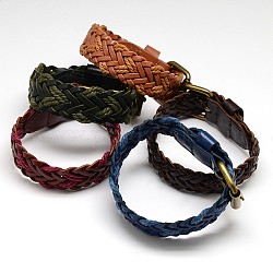 Модные унисекс случайный стиль плетеный конопли и кожаный браслет браслеты, с железной ремень часов застежками, античная бронза, разноцветные, 250x19x4 мм