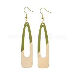 Boucles d'oreilles pendantes en résine et bois bicolores, larme creuse, vert olive foncé, 87x17mm