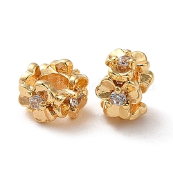 Perline zirconi micro pave  in ottone, Anello con fiore, vero placcato oro 18k, 6.5x4.5mm, Foro: 2.5 mm