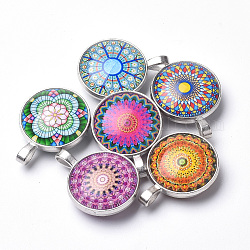 Glass Pendants, with Brass Findings, Flat Round, Geometric Flower Theme, Platinum, Mixed Color, 36x27x14mm, Hole: 3.5x7mm