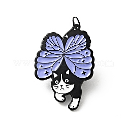 Cartoon-Katze-Emaille-Pin, Elektrophorese schwarz plattiertes Legierungsabzeichen für Rucksackkleidung, Flieder, Schmetterlingsmuster, 32x20x1.5 mm