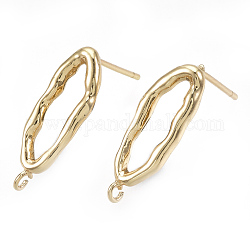 Brass Stud Earring Findings, with Loop, Real Gold Plated, Oval, Real 18K Gold Plated, 19x6mm, Hole: 1.2mm, Pin: 0.7mm
