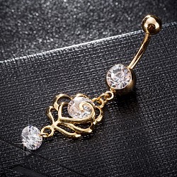 Brass Cubic Zirconia Navel Ring, Belly Rings, with 304 Stainless Steel Bar, Cadmium Free & Lead Free, Real 18K Gold Plated, Flower, Clear, 50x14mm, Bar: 15 Gauge(1.5mm), Bar Length: 3/8