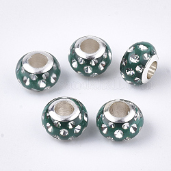 Harz europäischen Perlen, Großloch perlen, mit Strass & platinfarbenem Messing Single Core, Rondell, grün, 11.5x8 mm, Bohrung: 5 mm