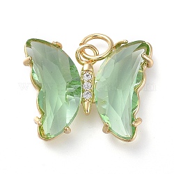 Brass Micro Pave Clear Cubic Zirconia Pendant, with Glass, Butterfly, Golden, Dark Sea Green, 18mm