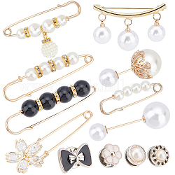 Gorgecraft 12 styles broches de sécurité en alliage strass, avec des perles rondes en plastique imitation perle, formes mixtes, couleur mixte, 16 pcs / boîte