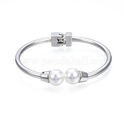Brazalete abierto con cuentas redondas de perlas de plástico ABS, brazalete de latón con bisagras para mujer, Platino, diámetro interior: 1-3/4x2-1/4 pulgada (4.3x5.6 cm)