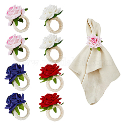 8Pcs 4 Color Artificial Rose Polyseter Napkin Rings with Hemp Rope Flower Dinner Napkin Holder Table Napkin Holder Adornment for Wedding Banquet Valentine's Day Dinner Table Decorations