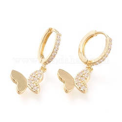 Brass Micro Pave Clear Cubic Zirconia Huggie Hoop Earrings, Long-Lasting Plated, Butterfly, Golden, 30.5mm, Pin: 1mm