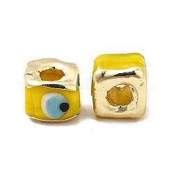 Perles en laiton émaillé, Plaqué longue durée, véritable 18k plaqué or, carré avec motif mauvais œil, jaune, 10~12x10~12x8~9mm, Trou: 4~4.5mm
