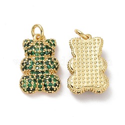 Ottone micro spianare pendenti zirconi, con anello di salto, orso charms, oro, verde, 19x12x4mm, Foro: 3 mm