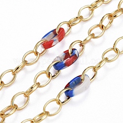 Cadenas de cadenas de cable de latón hechas a mano, con conector de enlace rápido acrílico, soldada, real 18k chapado en oro, azul, link: 8x6x1 mm, acrílico: 11x7x2.5 mm