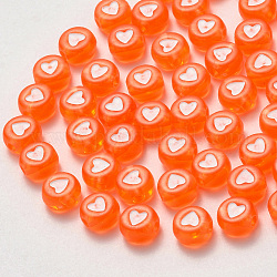 Transparent Acrylic Beads, Flat Round with Heart, Orange, 7x4mm, Hole: 1.8mm, about 3700pcs/500g.