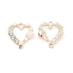 Alloy Crystal Rhinestone Connector Charms, Light Gold, with Resin, Heart Links with Flower, Pink, 20.5x19x5mm, Hole: 1.6mm