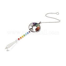 Chakra Theme Gemstone Pendant Decoration, Hanging Suncatcher, with Brass Rings, Flat Round Alloy Frame and Iron Findings, Bullet, Colorful, 435x2mm, Hole: 10mm