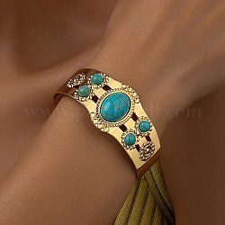 Bracelet manchette ouvert perlé ovale en résine, bijoux en fer doré clair pour femmes, turquoise, diamètre intérieur: 2x2-5/8 pouce (5x6.55 cm)