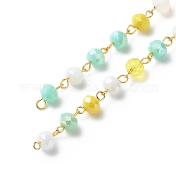 Chaînes de perles de rondelle à facettes en verre galvanoplastie faites à la main, avec des épingles en fer, non soudée, jaune, 13.5x8mm, environ 3.28 pied (1 m)/boîte