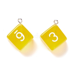 Pendentifs en acrylique transparent , avec accessoire en fer, dés, jaune, 28x21x16mm, Trou: 2mm