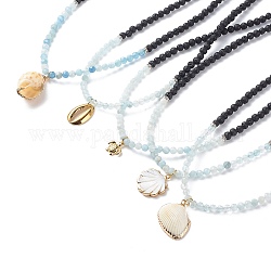 Collier de perles d'aigue-marine naturelle et de pierre de lave avec breloque en laiton, bijoux de pierres précieuses d'huile essentielle pour les femmes, Modèles mixtes, 15.67 pouce (39.8 cm)