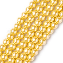 Perle di perle di vetro di grado ecologico, perlato, tondo, oro, 6mm, Foro: 1.2~1.5 mm, circa 68pcs/filo, 16'' (40.64 cm)