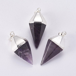 Cone Pendulum Amethyst Pendants, with Silver Color Plated Tone Brass Findings, 37x14x15mm, Hole: 8x5mm