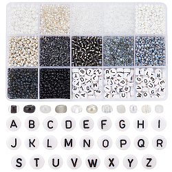 Pandahall elite bricolage perles fabrication de bijoux kit de recherche, y compris des perles rondes en verre et des lettres en acrylique., noir et blanc, 3~4x2~3mm
