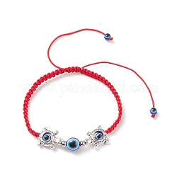 Mauvais œil en résine et bracelet en perles tressées en alliage, bracelet réglable pour femme, motif de tortue, diamètre intérieur: 2-1/8~4 pouce (5.5~10 cm)