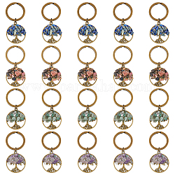 Porte-clés en alliage hobbiesay, avec des perles de puce de pierres précieuses, plat et circulaire avec arbre de vie, 5.5 cm, 20 pcs / boîte