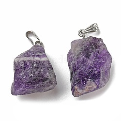Raw Rough Natural Amethyst Pendants, Nuggets Charms with Stainless Steel Tone 201 Stainless Steel Snap on Bails, 26~28.5x24~27x19~21mm, Hole: 8x3mm