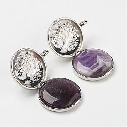 Natural Amethyst Pendants, with Brass Diffuser Locket Findings, Flat Round with Tree, 31x25x8mm, Hole: 4mm