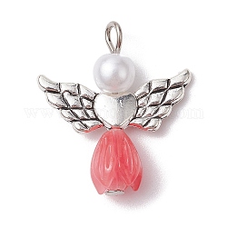 Pendenti di perle imitazione resina, Ciondoli di angelo rosa con ali di cuore in lega placcata argento antico, roso, 23.5~24x21.5x7mm, Foro: 1.8~2.2 mm