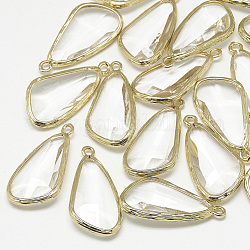 Pendentifs en verre, avec les accessoires en laiton de tonalité d'or, facette, triangle, clair, 29x14.5x5.5mm, Trou: 1.5mm
