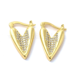 Aretes de aro con corazón de circonitas cúbicas transparentes, joyas de latón para mujer, dorado, 23.5x16x4mm, pin: 1.5x0.6 mm
