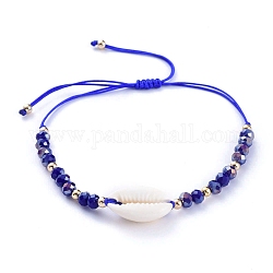 Bracelets de perles de nylon tressés réglables, avec des perles de coquillage cauris naturelles, perles de verre à facettes et perles de laiton, bleu foncé, Diamètre intérieur: 3.2~7.8 cm