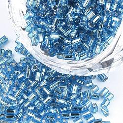 Grado a perline di semi di vetro, esagono (due tagli), argento rivestito, cielo blu, 1.5~2.5x1.5~2mm, Foro: 0.8 mm, circa 2100pcs/scatola, 450 g / borsa