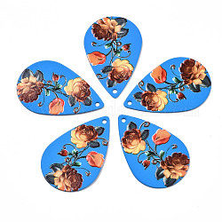 Pendentifs en fer peint, de Style caoutchouté, 3d imprimé, motif d'impression de fleurs, larme, Dodger bleu, 27.5x18x0.7mm, Trou: 1.2mm