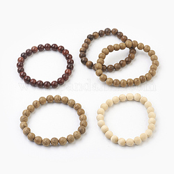 Bracelets extensibles en bois de santal teinté naturel, ronde, Emballage en toile de jute, couleur mixte, 2 pouce (5.1 cm), sac: 12x8.5x3cm
