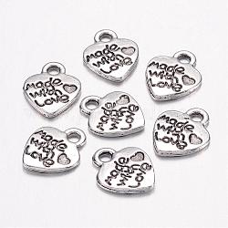 Ideas for Valentines Day Gifts Tibetan Style Alloy Pendants, Cadmium Free & Lead Free, Heart with Made with Love, Antique Silver, 12.2x10x1.8mm, Hole: 2mm