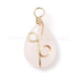 Natural Rose Quartz Pendants, Twisted with Golden Tone Copper Wire, Teardrop, 25x13x7mm, Hole: 3.9mm
