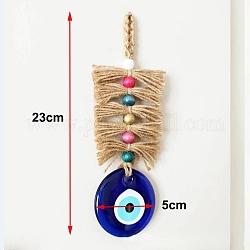 Turkish Flat Round with Evil Eye Glass Pendant Decorations, with Wood Bead and Jute Cord Wall Hanging Ornaments, Colorful, 230x50mm