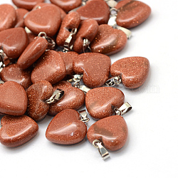 Coeur pendentifs goldstone synthétique, avec les accessoires en laiton de tonalité de platine, 17~19x15~16x5~8mm, Trou: 2x7mm
