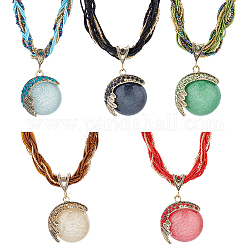 ANATTASOUL 5Pcs 5 Style Resin Imitation Cat Eye Flat Round Pendant Necklaces Set, Seed Beaded Chains Bohemia Necklaces for Women, Mixed Color, 17.87~18.50 inch(45.4~47cm), 1Pc/style