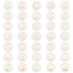 PH PandaHall 36 Pieces Alphabet A-Z Beads, 0~9 Numbers Freshwater Shell Beads Flat Round Lettered Beads, White Freshwater Shell with Gold Letters for Necklace Bracelet Earrings Jewelry Making